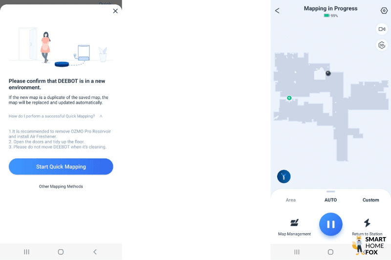 Der Schnellkartierungsprozess des Ecovacs Deebot T10 ist in der App zu beobachten.